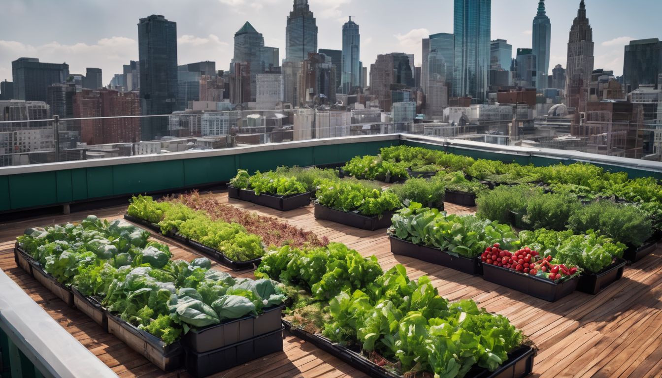 A family harvesting fresh produce in a rooftop garden.