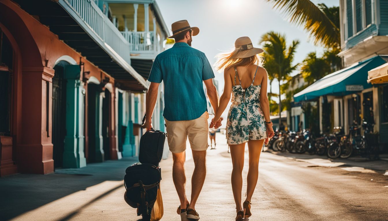 A couple strolling through the sunny streets of Key West.