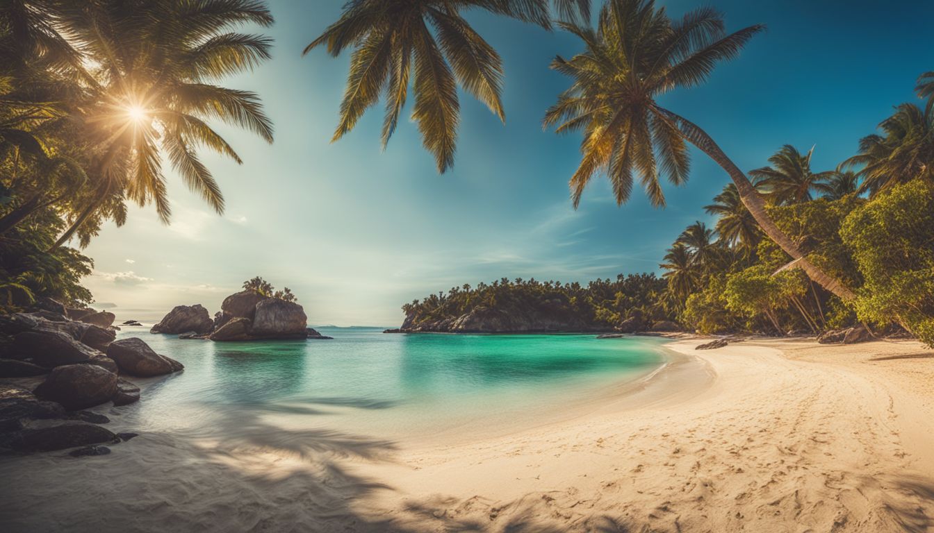 A vibrant tropical beach with palm trees and clear blue waters.