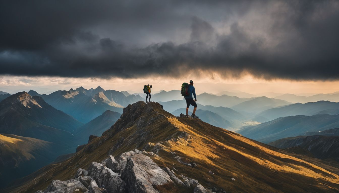 A hiker standing on a rugged mountain peak, looking out at a stormy sky.