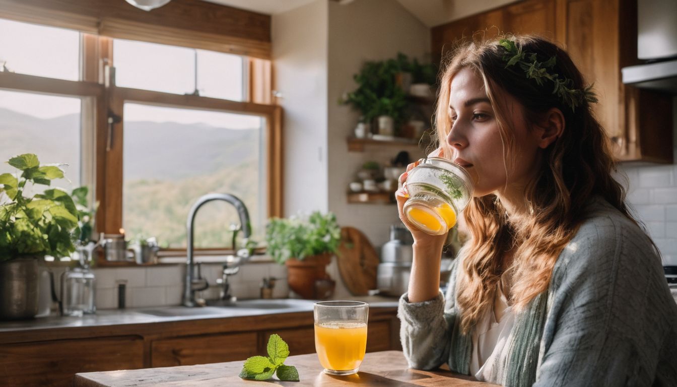 A person enjoying lemon balm tea in a cozy kitchen.