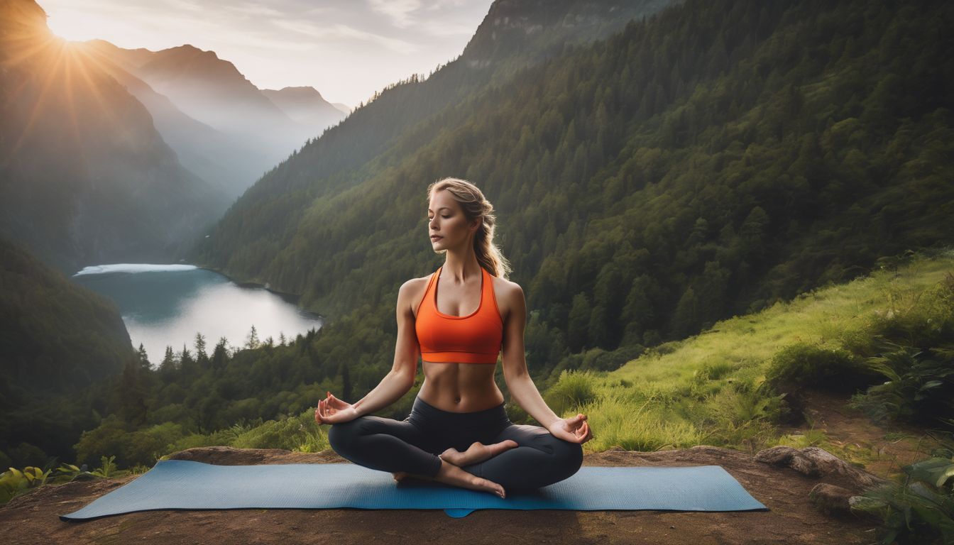 A person practicing yoga in a serene natural setting surrounded by greenery.