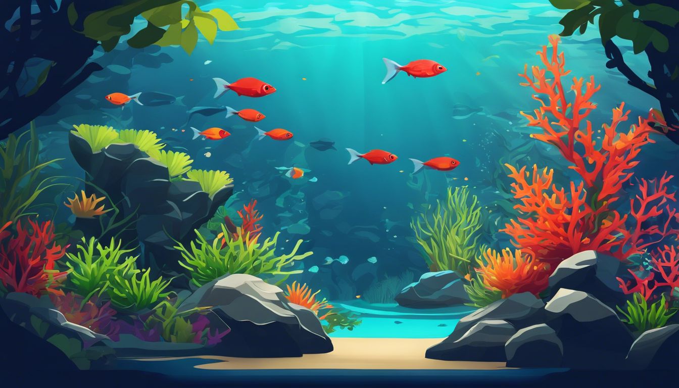 A vibrant aquarium with colorful fish and lush greenery creates a serene underwater world.
