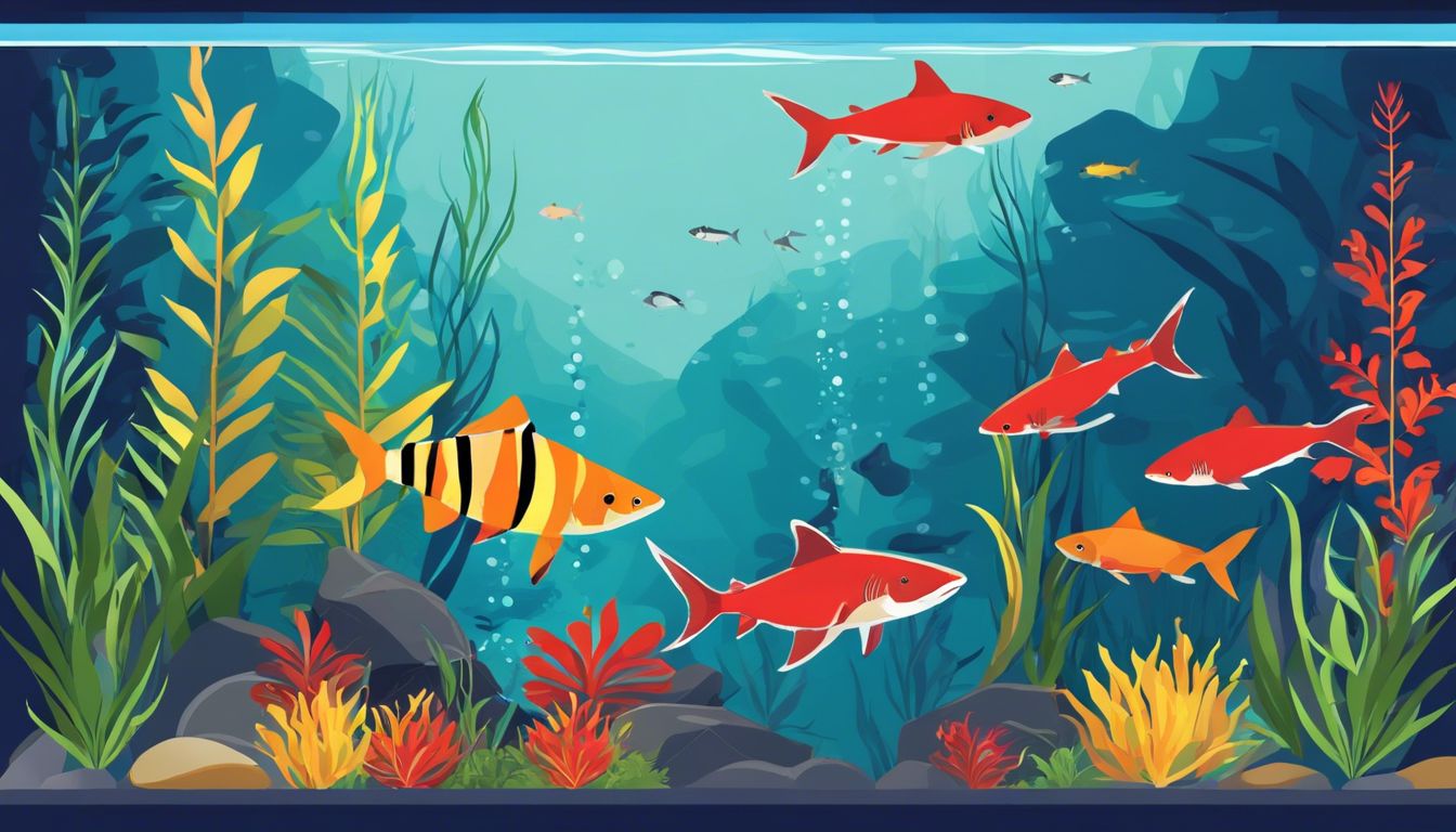 Tiger barbs and red tail shark swimming in a decorated aquarium