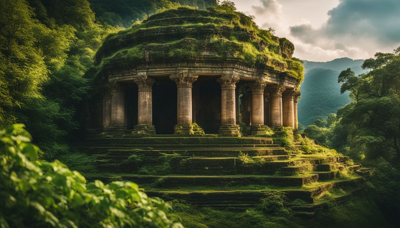 An ancient temple ruins surrounded by lush greenery in a bustling atmosphere.