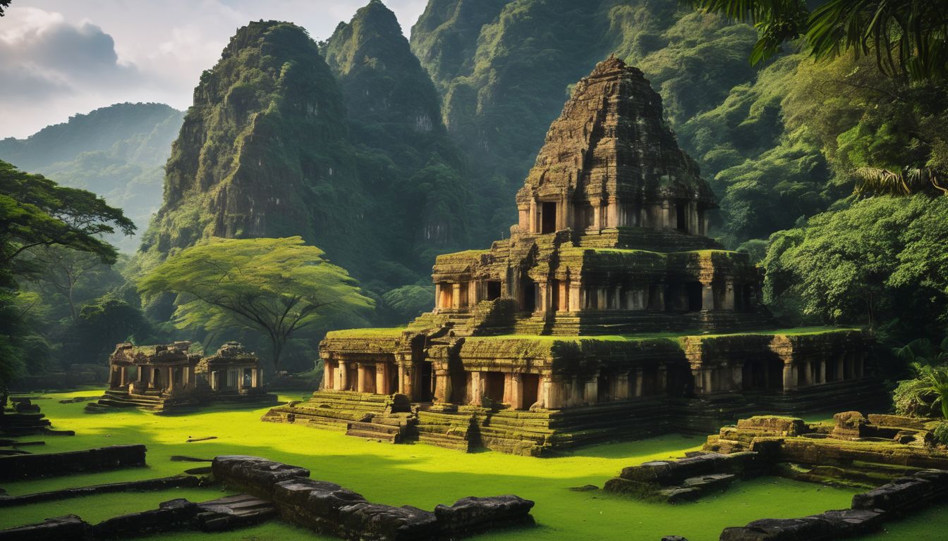 'Ruins of ancient temple surrounded by tropical vegetation in bustling atmosphere.'