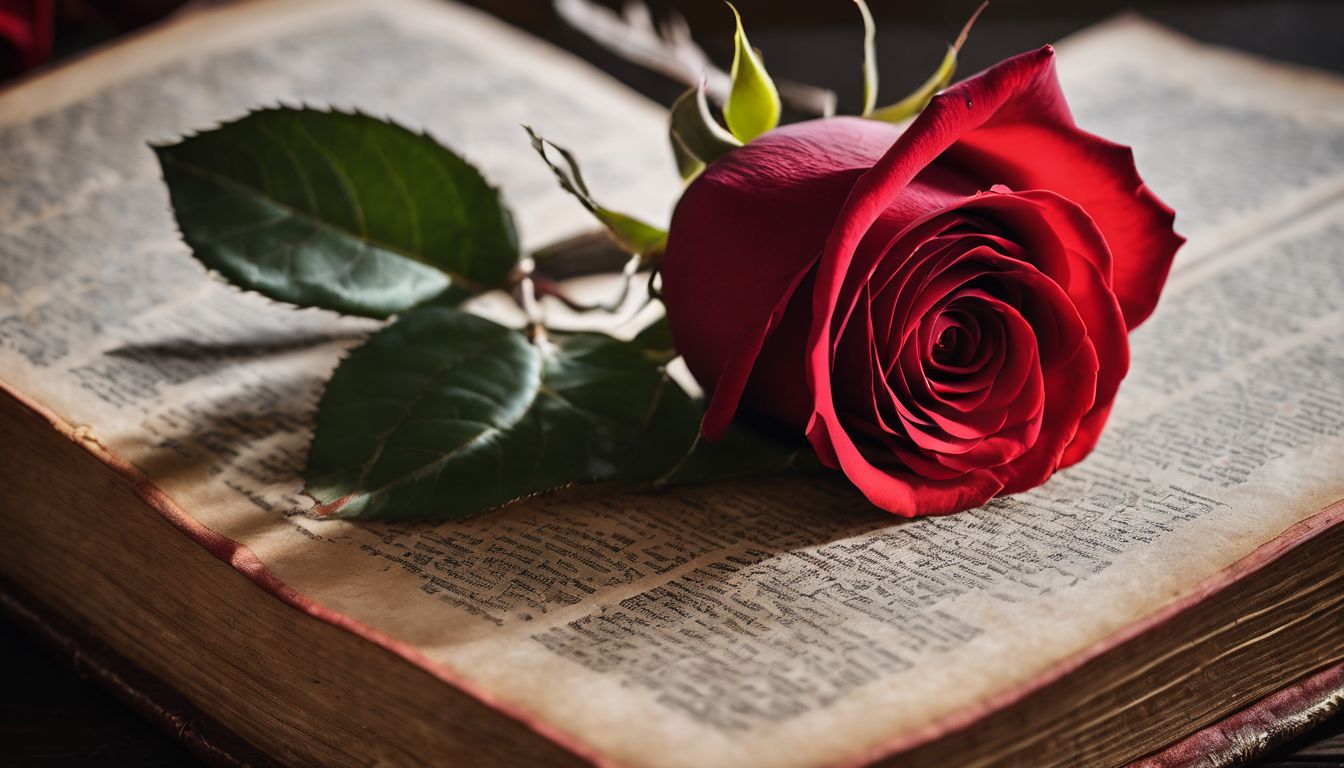 A red rose resting on an antique book in a vintage photo.