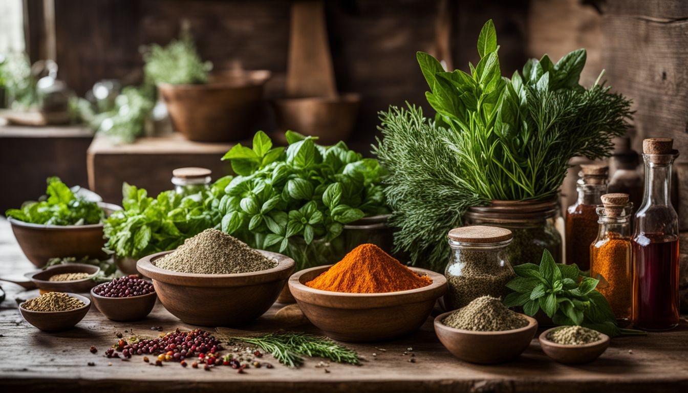 A variety of fresh herbs and spices arranged in a rustic kitchen setting.