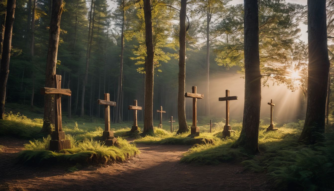 'Three wooden crosses standing tall in a serene forest clearing.'