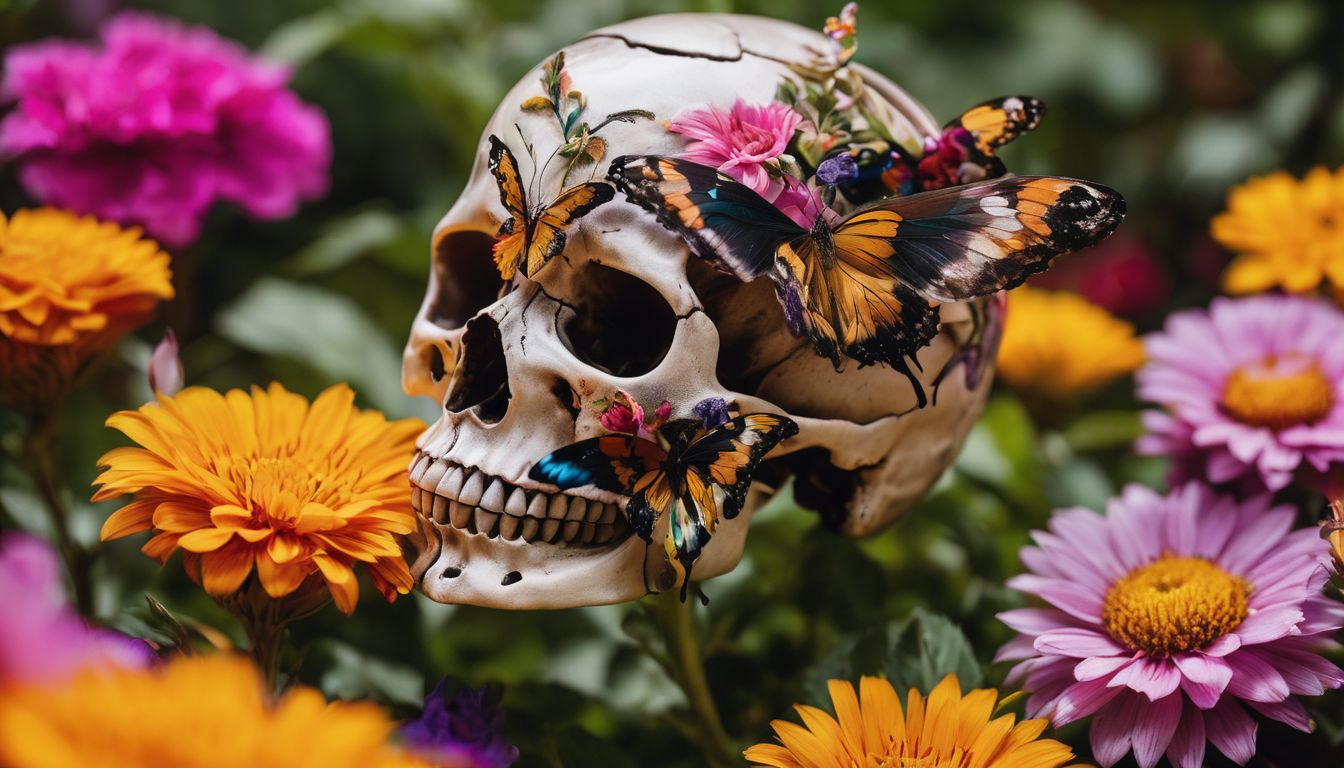 A close-up photo of a butterfly skull tattoo surrounded by vibrant flowers.