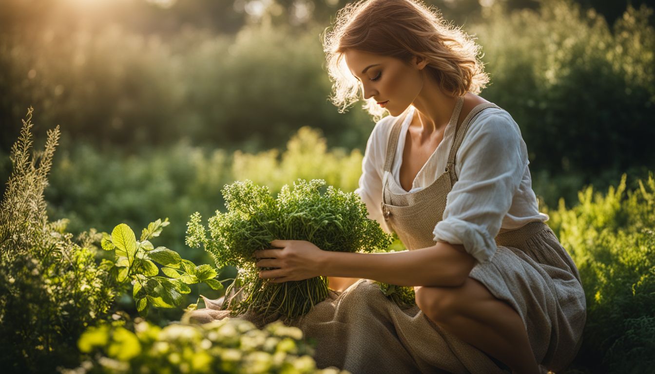 A woman harvesting herbs in a sunlit garden, captured in a bustling and well-lit atmosphere.
