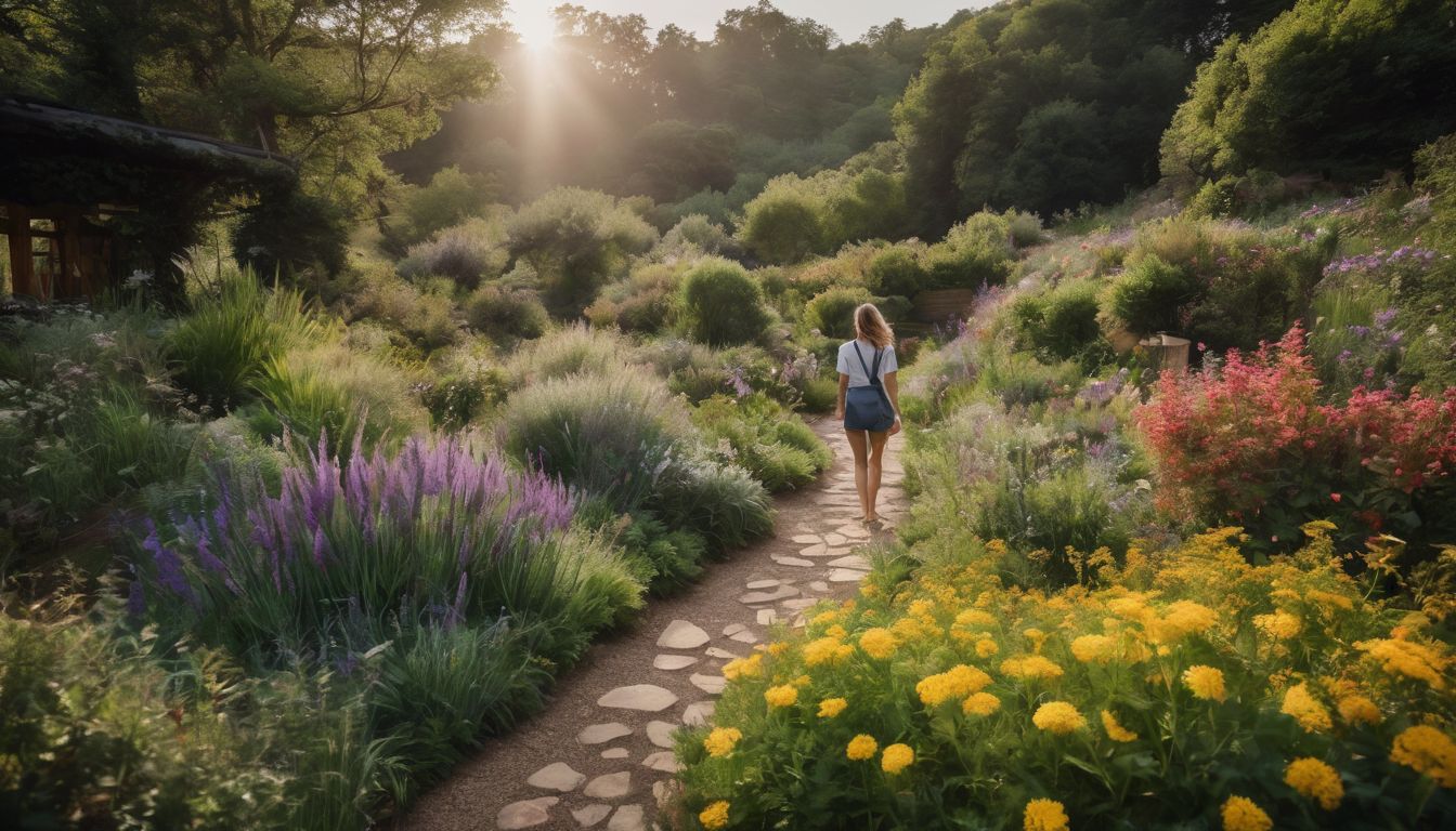 A person walks through a peaceful herbal garden surrounded by medicinal plants.
