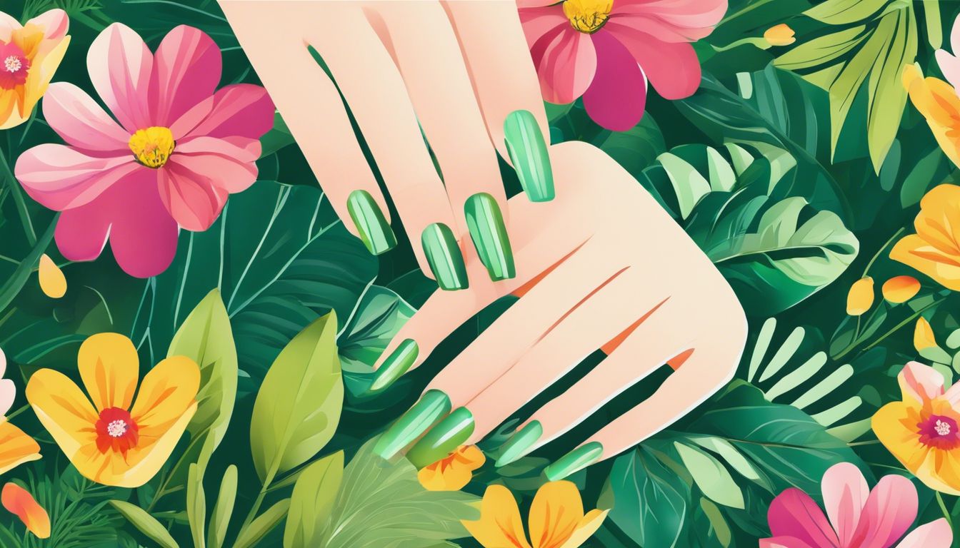 Green Nail Art Surrounded By Vibrant Flowers In A Garden Setting.
