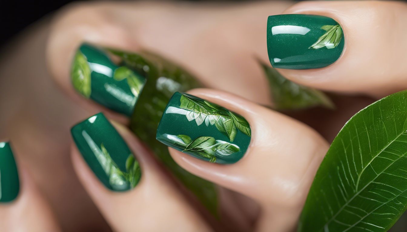 Close-Up Of Green Nails Against Natural Foliage For Organic Beauty.