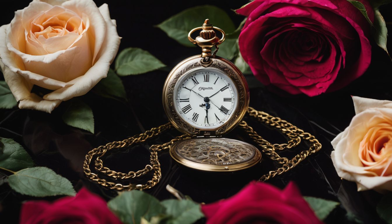 A vintage pocket watch surrounded by dark roses in a well-lit setting.