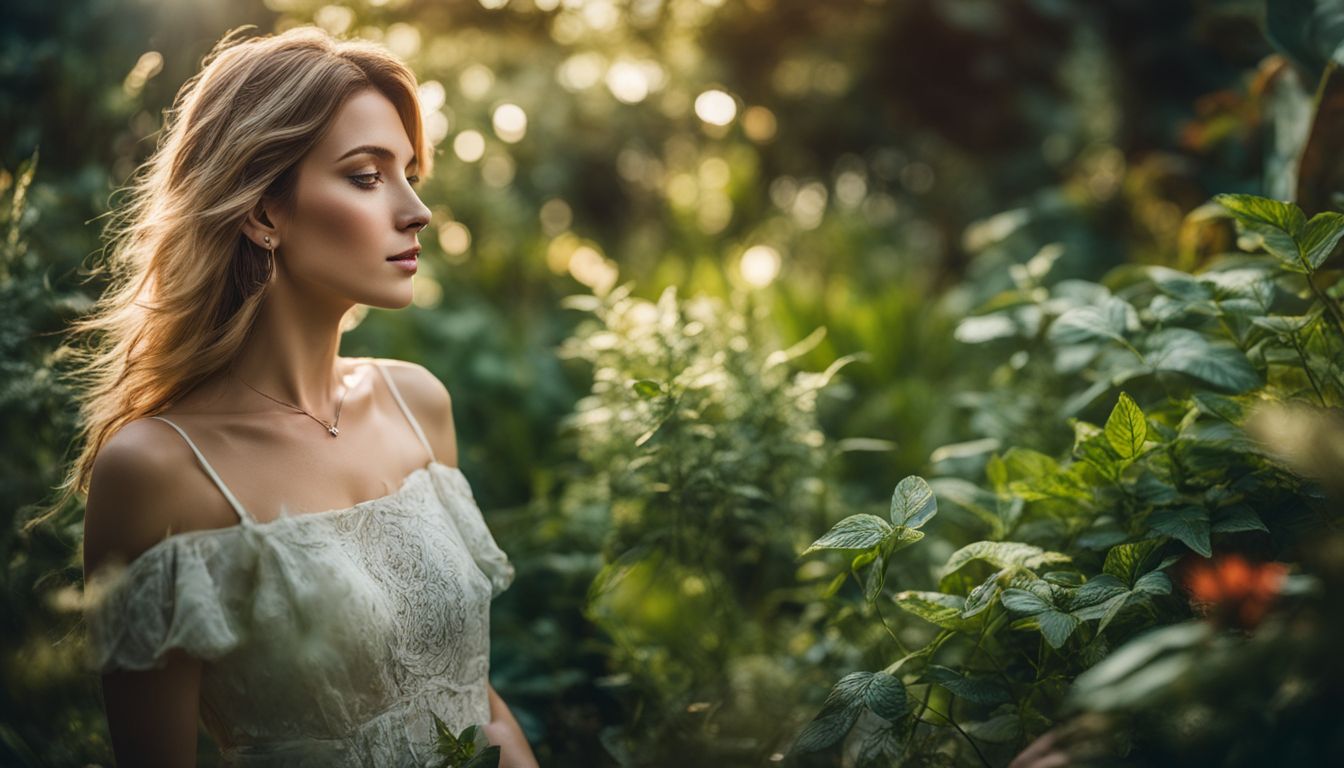 A woman enjoys the serene beauty of a lush garden filled with medicinal plants.