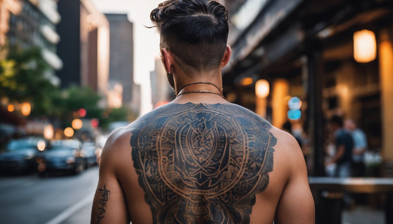 A man posing with a striking neck tattoo against an urban cityscape.