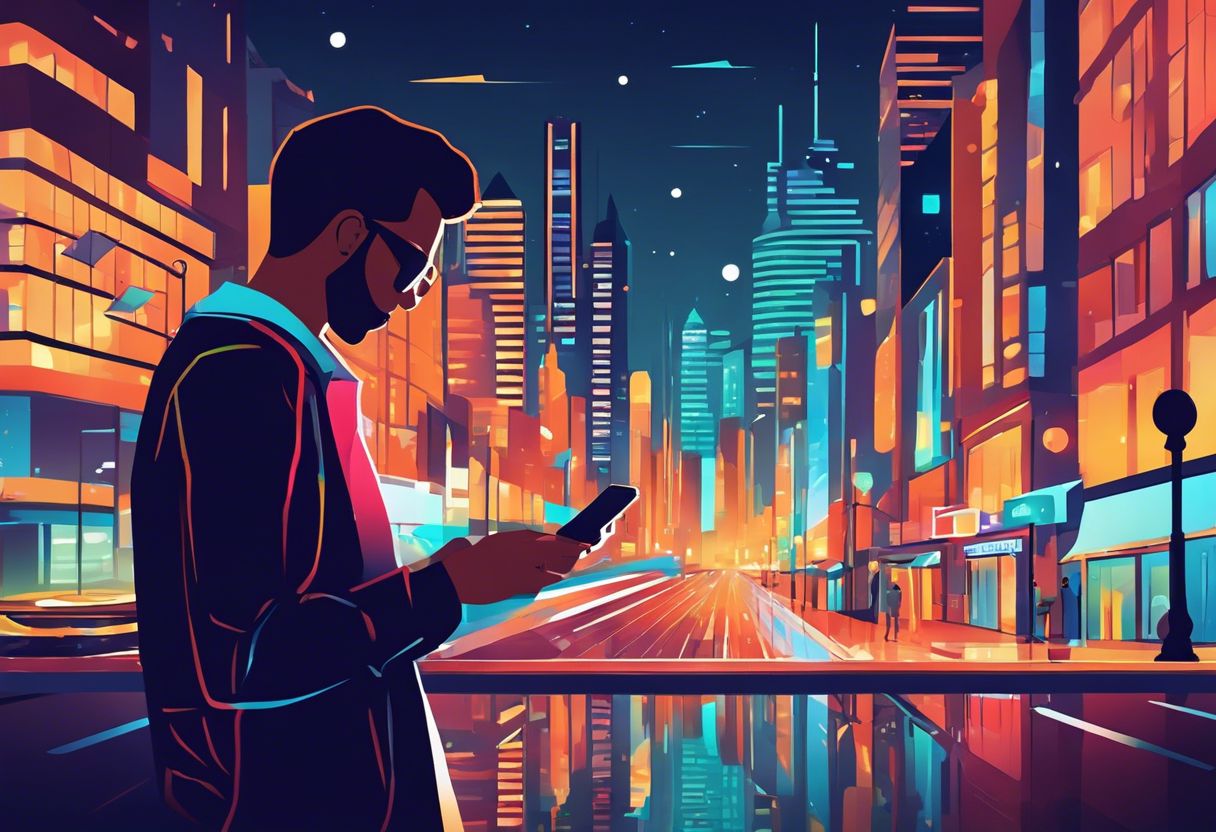 A person using a smartphone outdoors with a vibrant cityscape in the background.