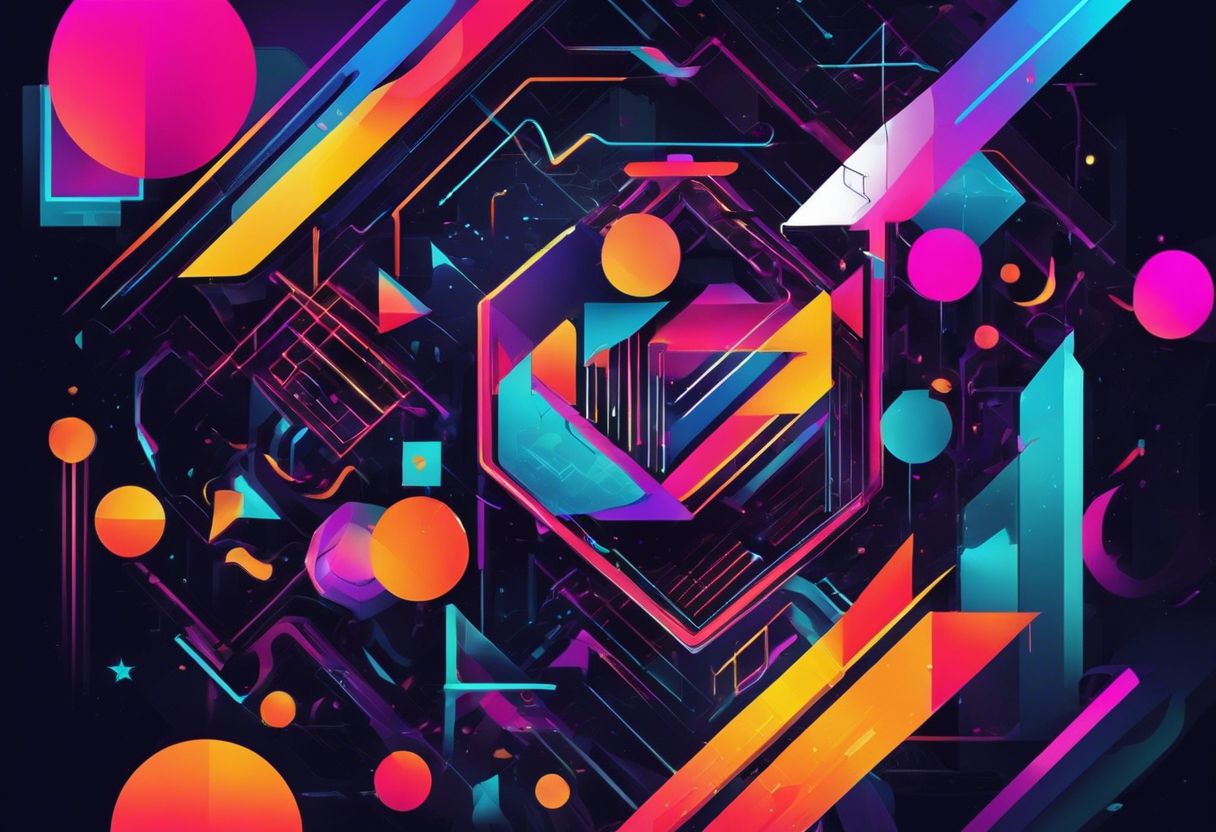 A futuristic, dynamic digital artwork with neon-colored patterns and geometric shapes, evoking technological innovation.