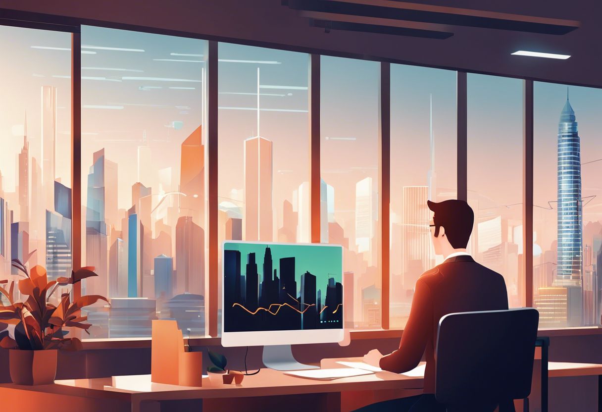 A person in an office setting interacting with a chatbot on a computer with city skyline visible through the window.