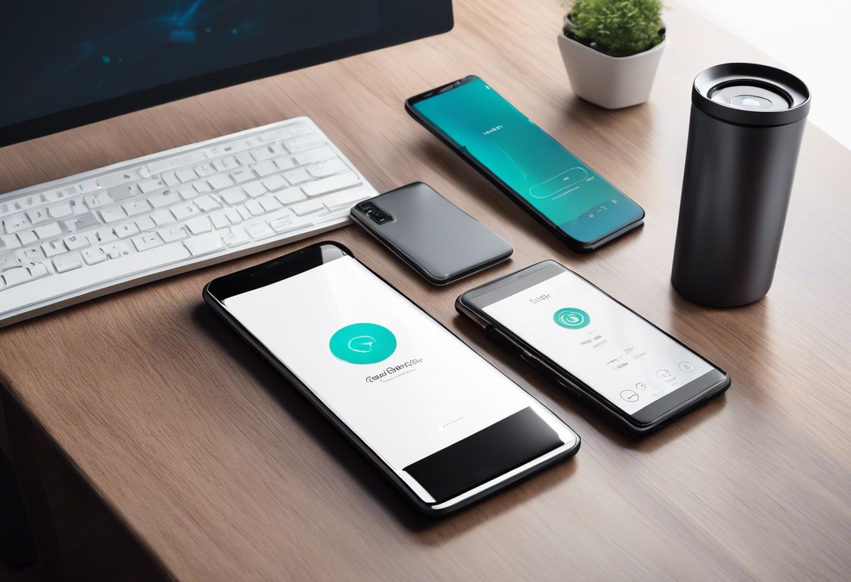 A smartphone with voice search surrounded by modern tech devices in a minimalist environment.