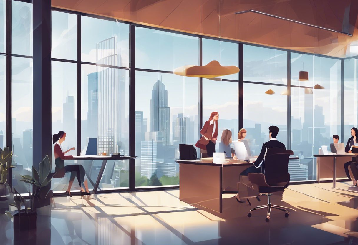 A diverse professional team collaborates in a modern office space with a panoramic city view.