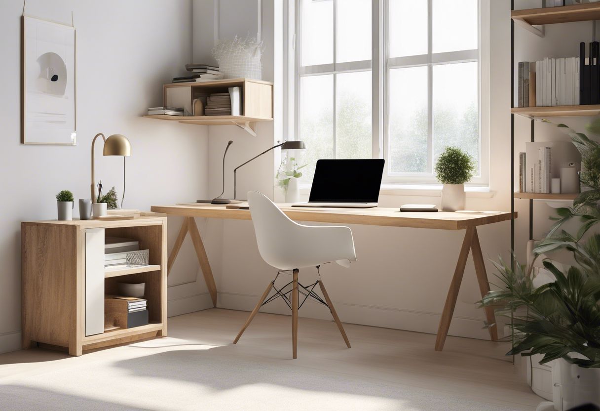 The image depicts a clean, minimalist desk with a computer and office decor creating a serene atmosphere.