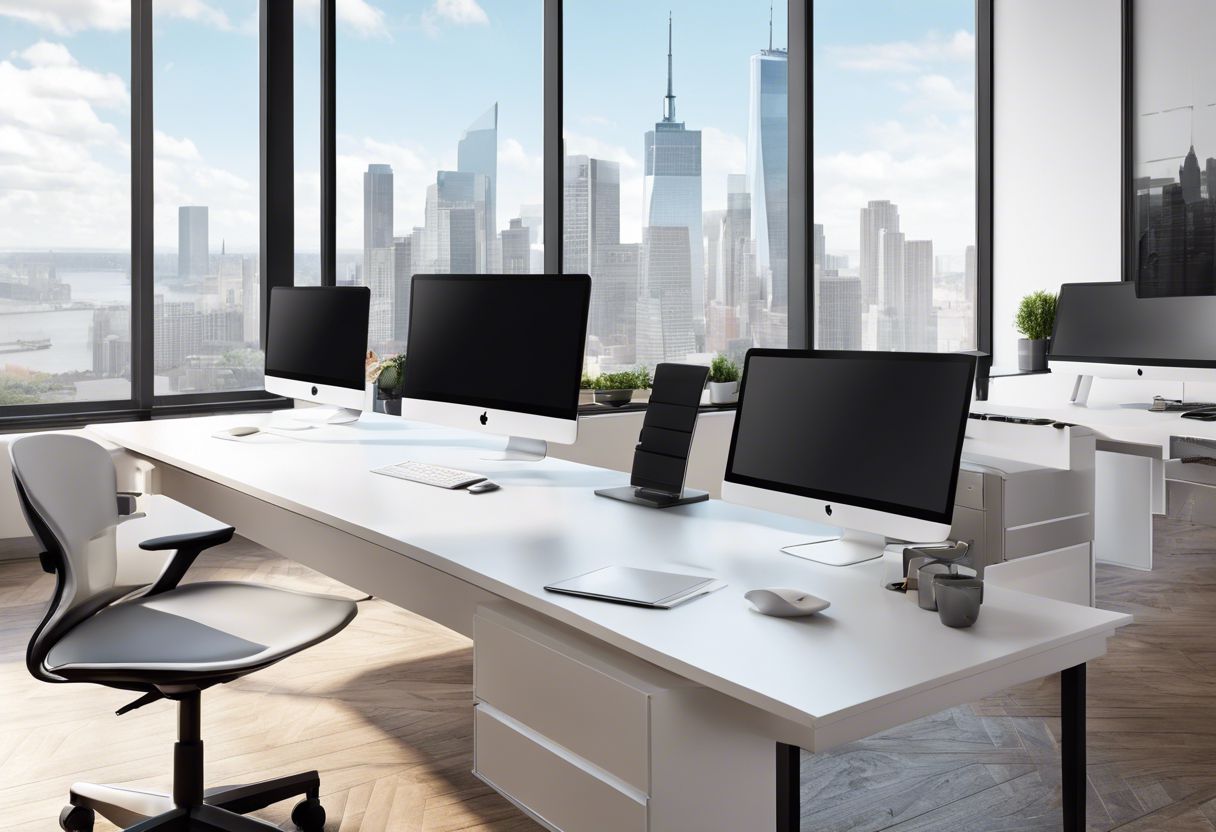 A modern office workspace with sleek design elements and city views.