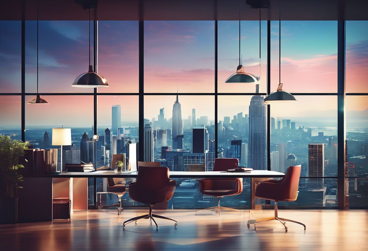 A stack of affiliate marketing materials in a modern office with a cityscape view, creating a dynamic environment.
