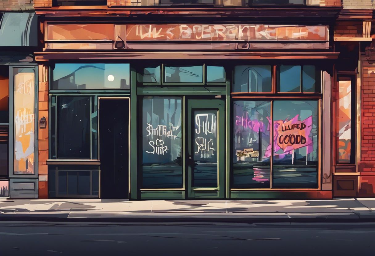 An abandoned storefront with closed sign, urban decay, and graffiti reflects cityscape in windows.