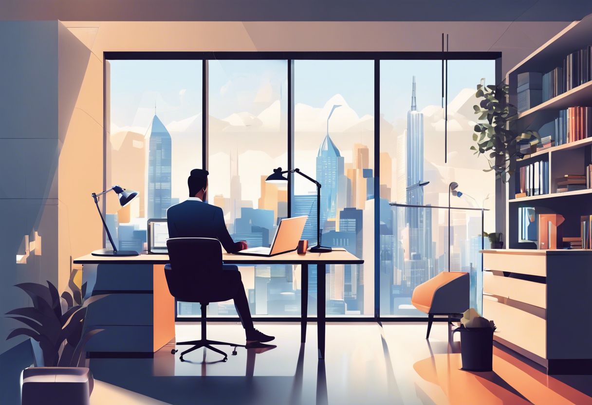 A person analyzing email marketing data in a modern office environment with a cityscape view.