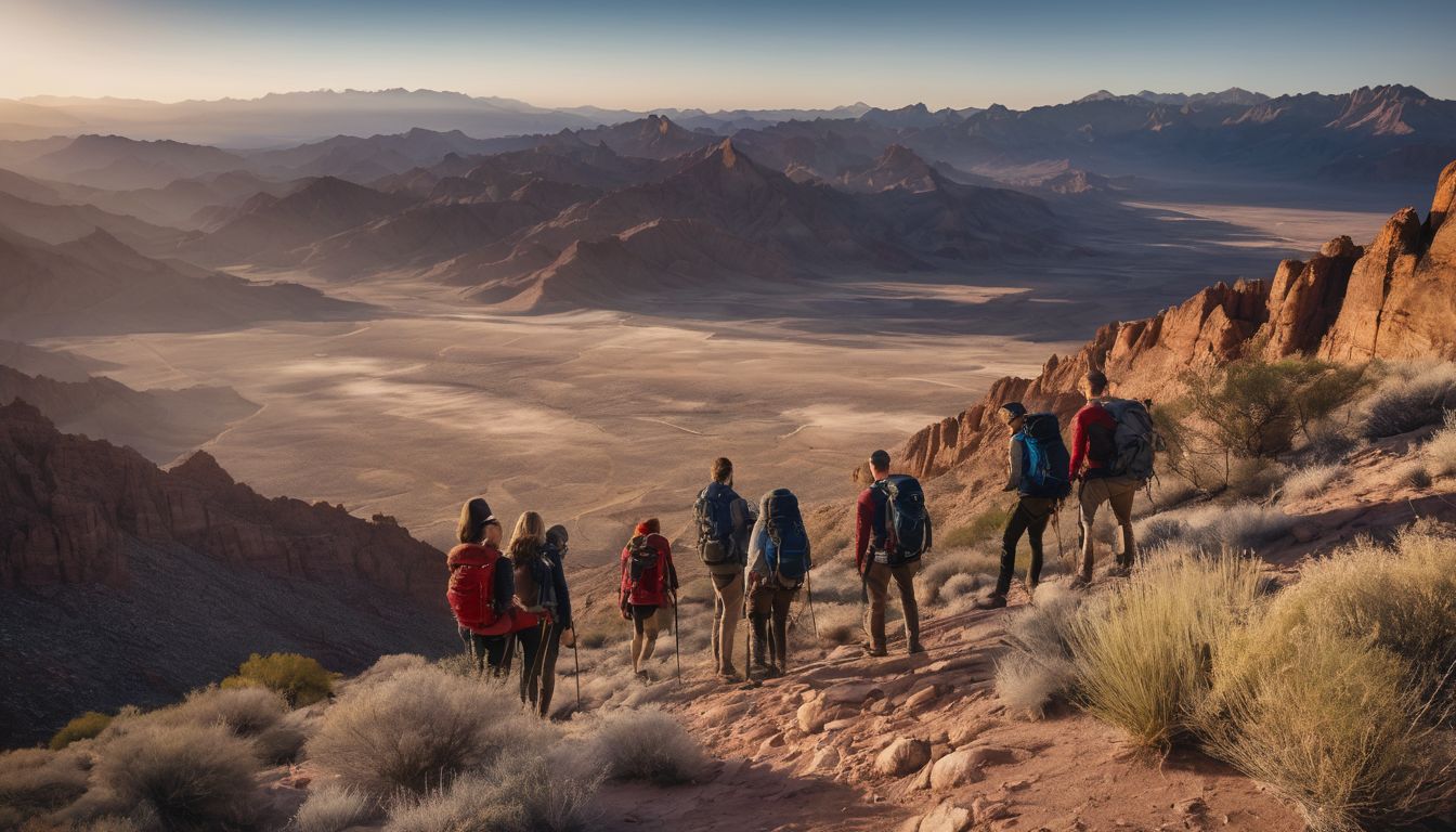A diverse group of hikers enjoying a stunning desert landscape.
