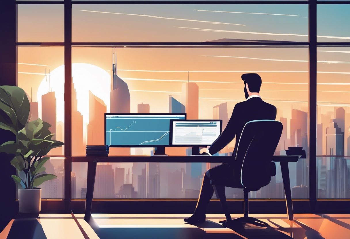 A graphic designer working on a modern website in a sleek office with cityscape background.