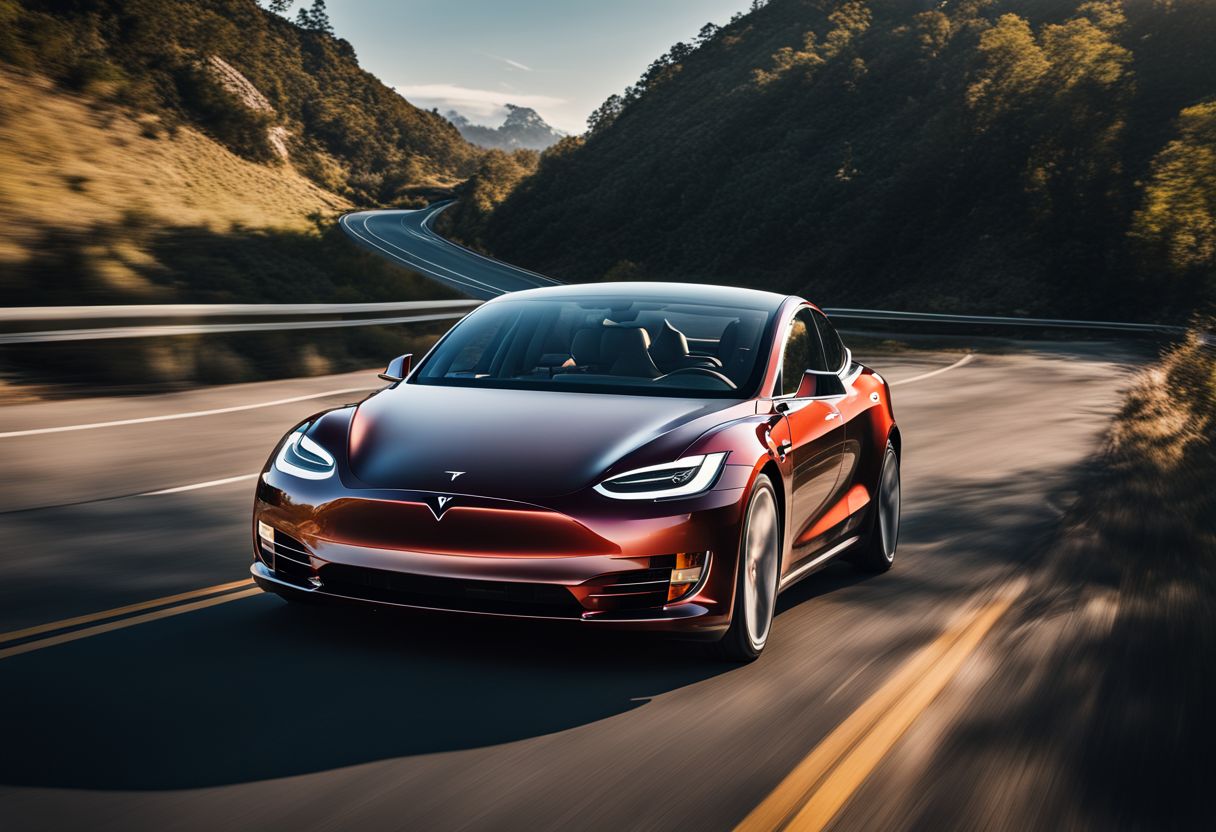 A Tesla car drives through a scenic highway with charging stations in the background.