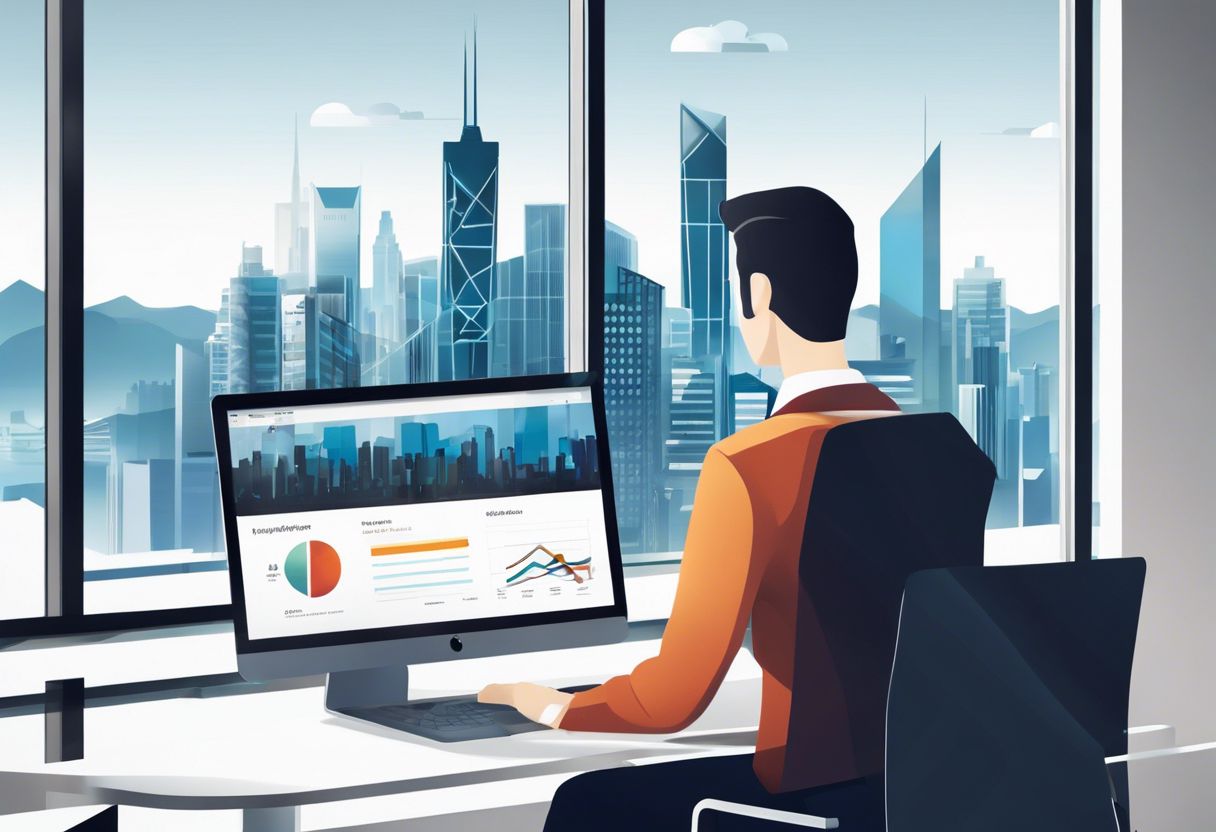 A person using a laptop to monitor website analytics in a modern office with city skyline view.