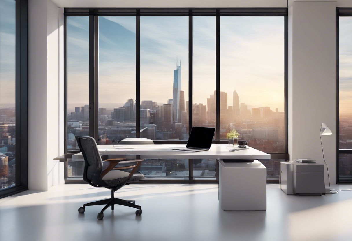 A minimalist workspace with modern furniture and a view of the cityscape exudes productivity and sophistication.