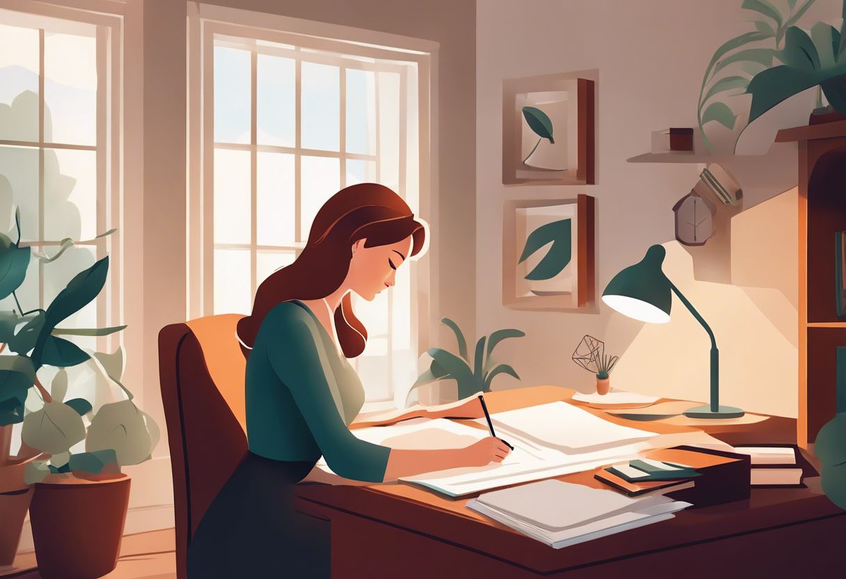 A woman proofreading a document in a cozy home office with a focused and serene expression.
