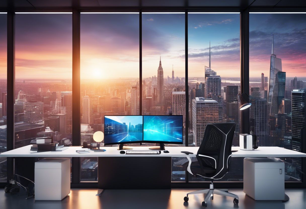 A back-end developer working at a computer in a modern office space with futuristic cityscape background.