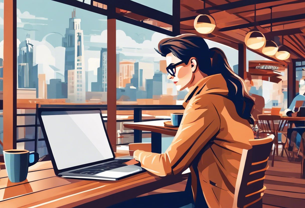 An entrepreneur passionately working on a laptop in a cozy coffee shop with a city view.
