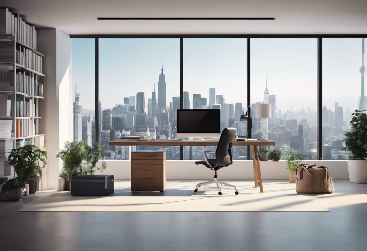 A tidy office desk with cityscape photography on the wall, creating a professional and organized environment.