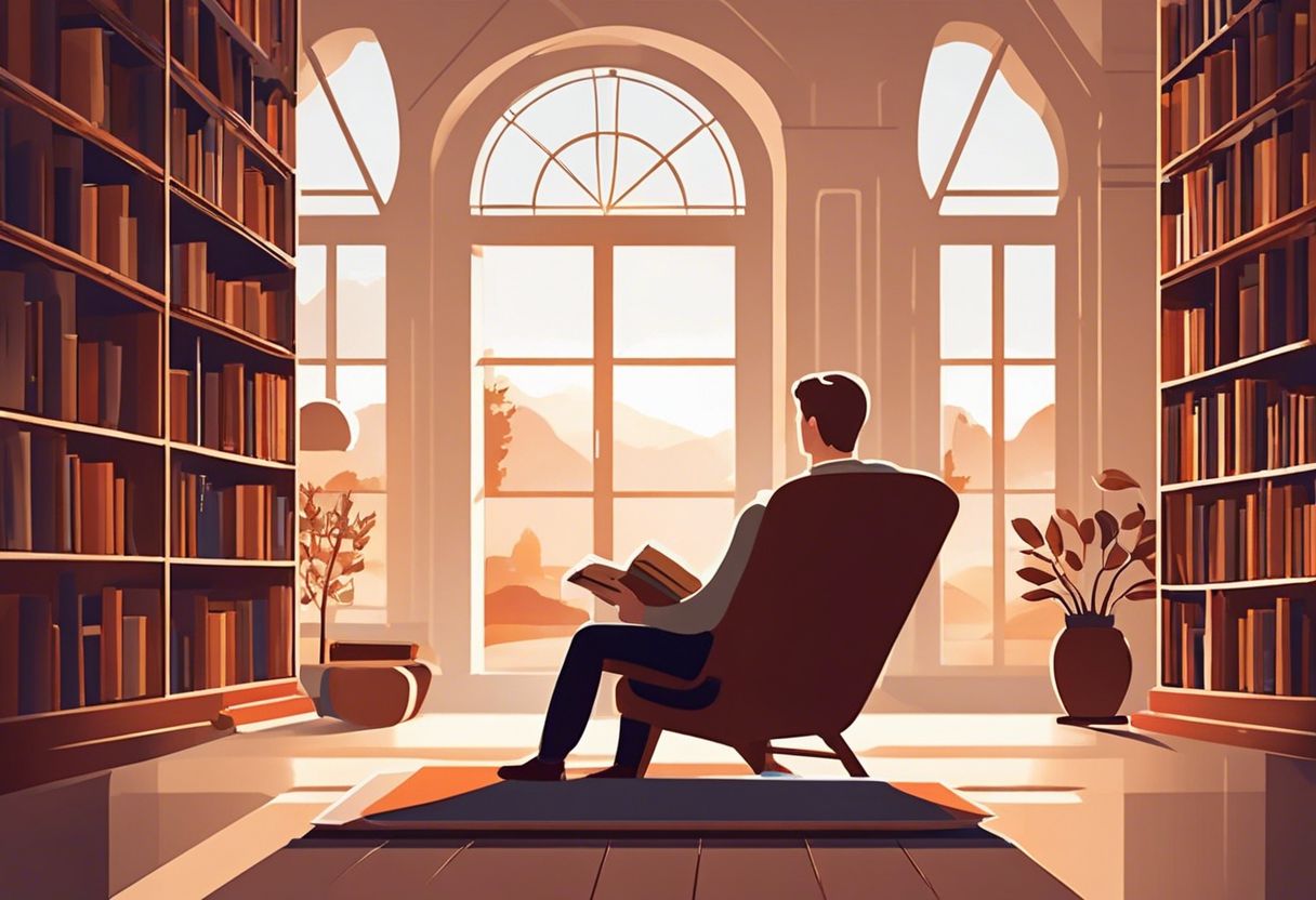 A person enjoys reading in a cozy library surrounded by books.