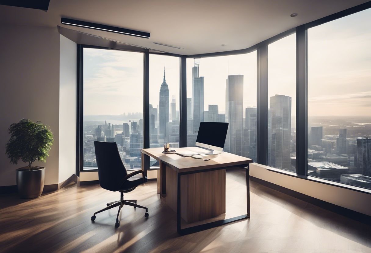 A modern office with sleek design and cityscape backdrop for a productive atmosphere.