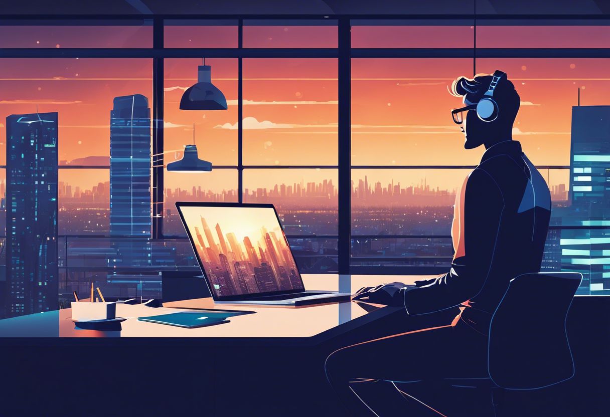 A web developer working on code in a modern office with a city view.