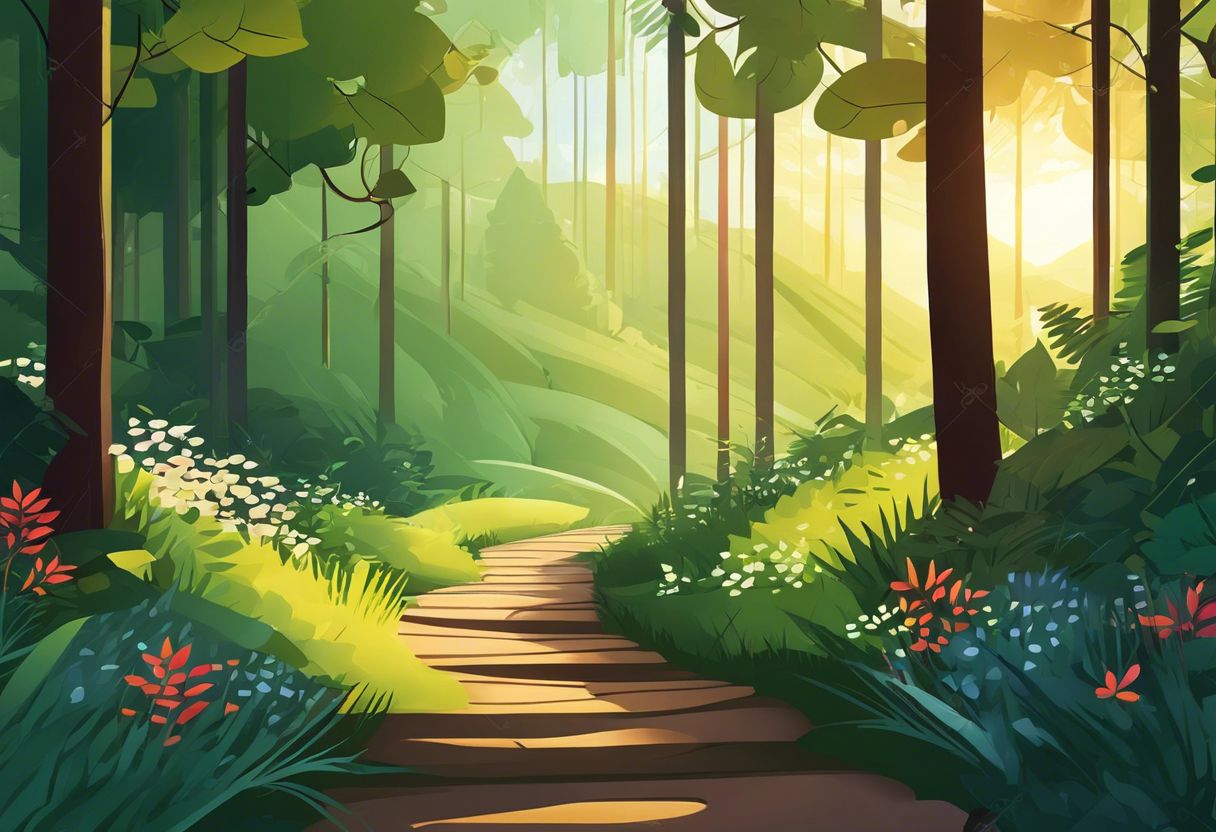 A winding forest path with lush scenery and a serene atmosphere.