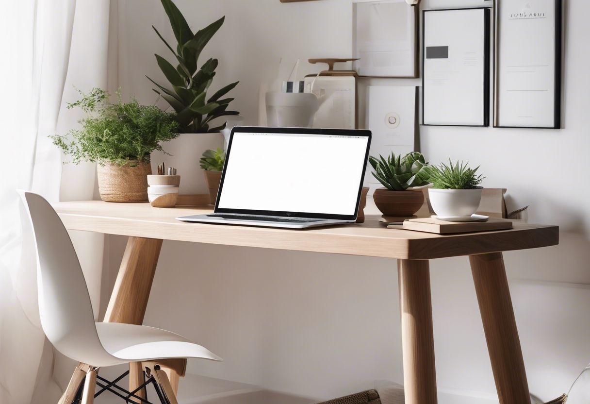 A minimalist desk setup with sleek laptop, plants, and organized workspace in flat design style.