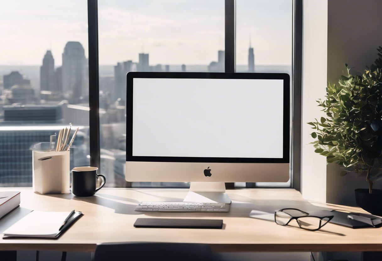 A modern office desk with a minimalist setup and cityscape view through the window.