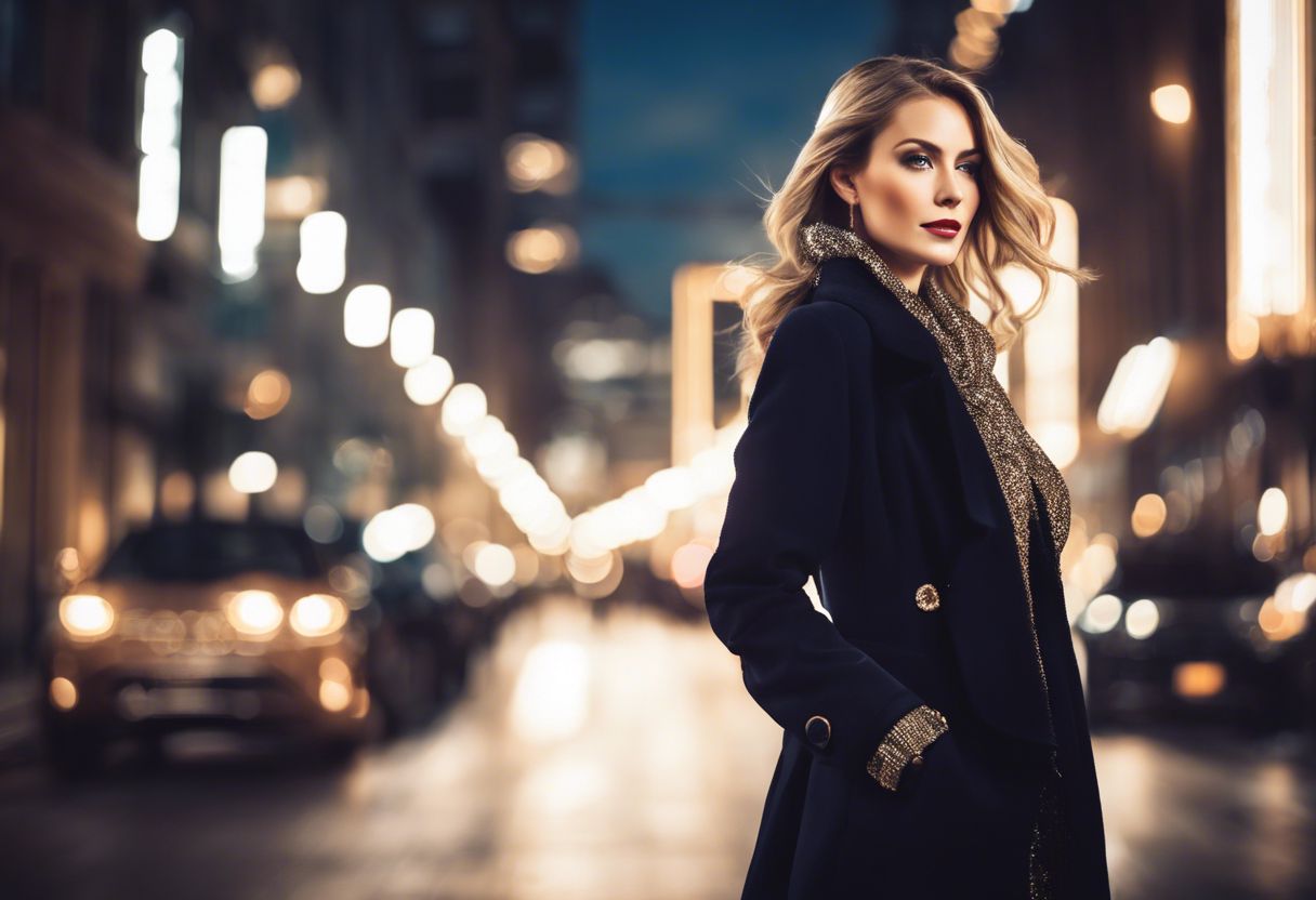 A sophisticated woman exudes confidence and style in a modern urban setting at night.