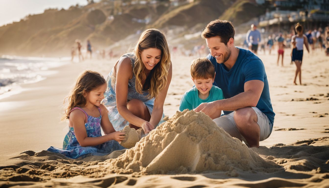 A family enjoying a sunny day building sandcastles on a San Diego beach.