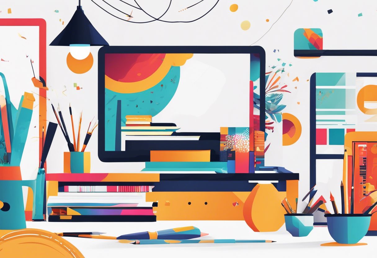 A modern studio showcasing professional design and illustration work with vibrant colors and creative tools.