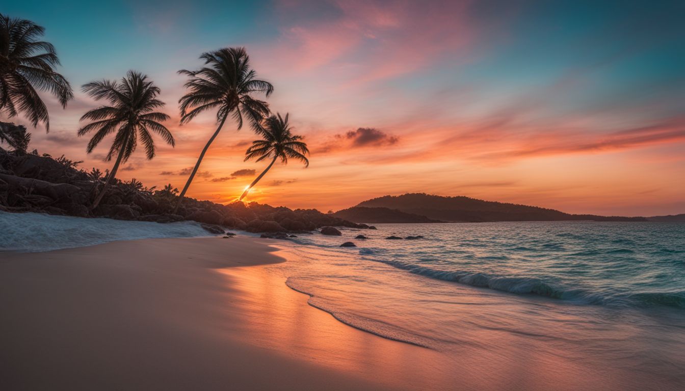 A beautiful beach scene with palm trees, clear waters, and a vibrant sunset.